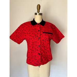80s 90s Red and Black Printed Button Up Polo Collar XS